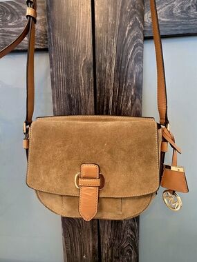 Michael Kors Tan Suede Leather Shoulder Bag - Gold Hardware, Buckle, MK Charm